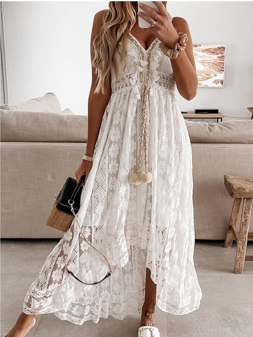Boho Lace Maxi Dress - White